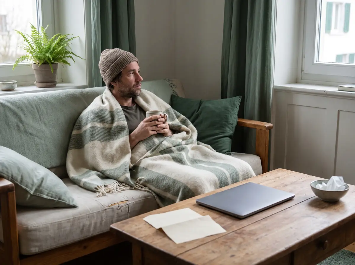 Homme malade enroulé dans une couverture sur son canapé, une tasse à la main, un certificat médical et un ordinateur fermé sur la table basse
