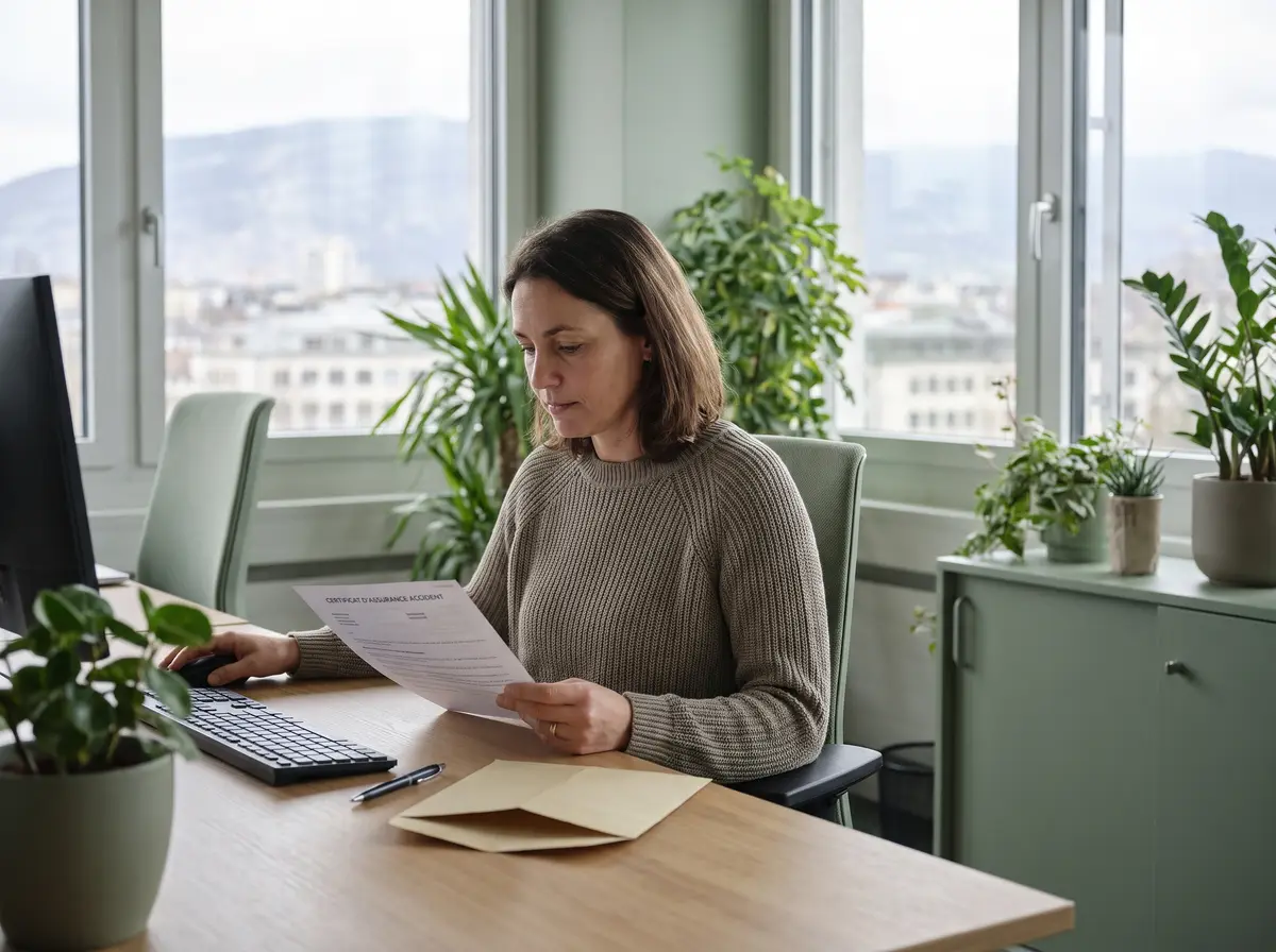 Employée de bureau lisant son attestation d’assurance-accidents de l’employeur avant d’écrire à sa caisse maladie