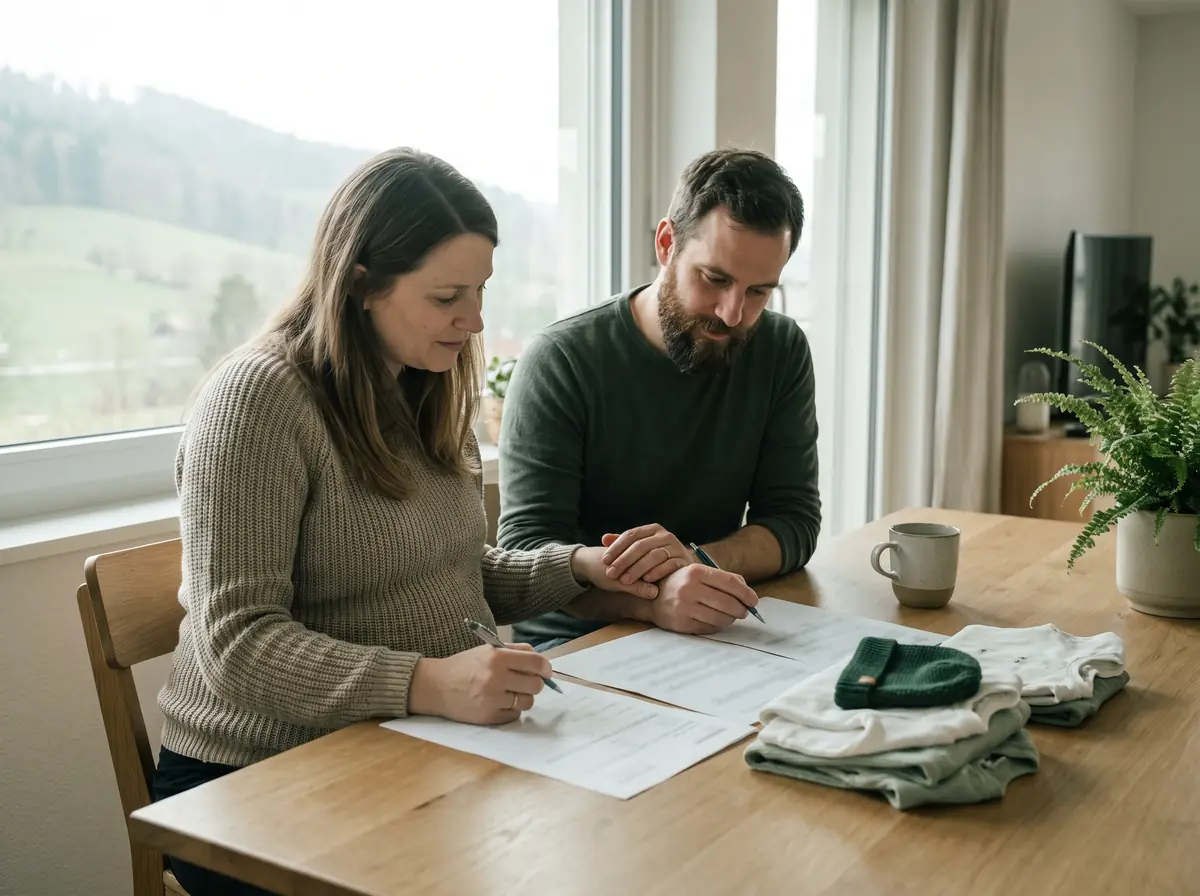 Couple attendant un bébé remplissant ensemble les formulaires d’assurance maladie, vêtements de naissance posés sur la table