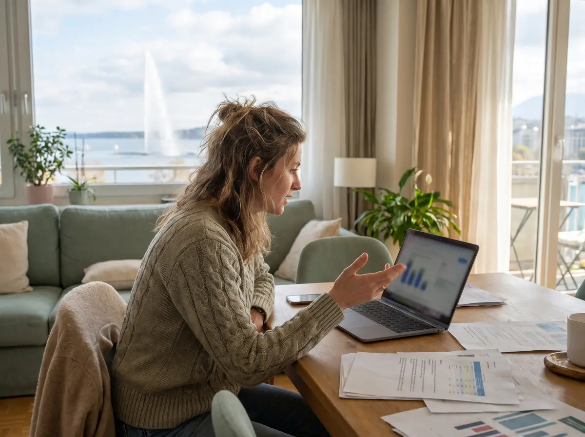 Frau in Genf, die auf ihrem Laptop Krankenkassenprämien vergleicht, durchs Fenster ist der Jet d’eau zu sehen