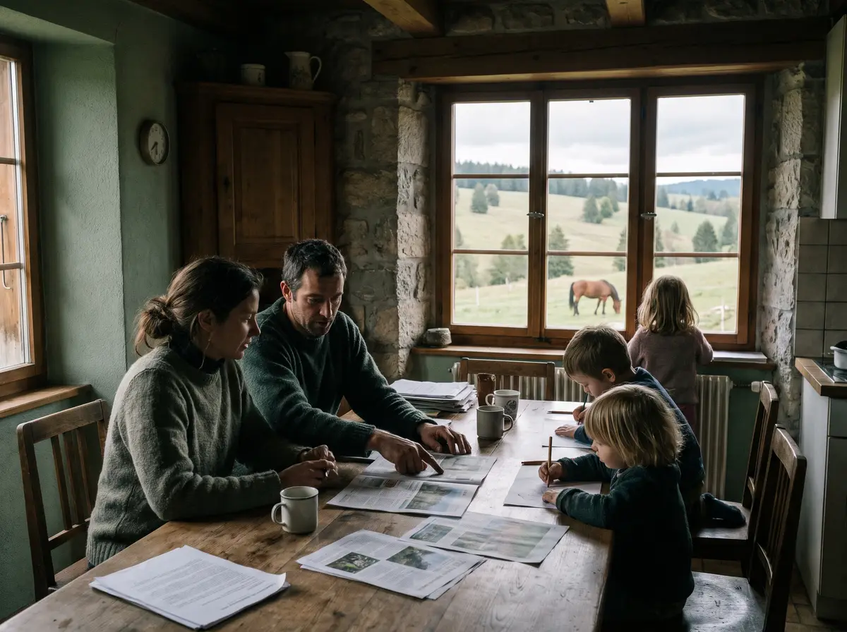 Famiglia in una casa delle Franches-Montagnes che confronta i premi della cassa malati, dalla finestra i pascoli alberati