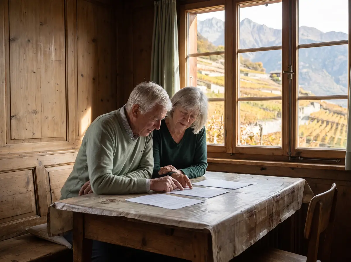 Pensioniertes Paar in einem Walliser Chalet, das zwei Krankenkassenangebote vergleicht, hinter dem Fenster die Rebterrassen