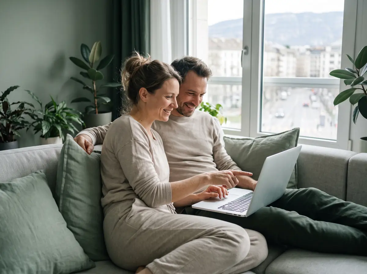 Couple sur un canapé comparant des caisses maladie sur un ordinateur portable, soulagé de payer moins cher