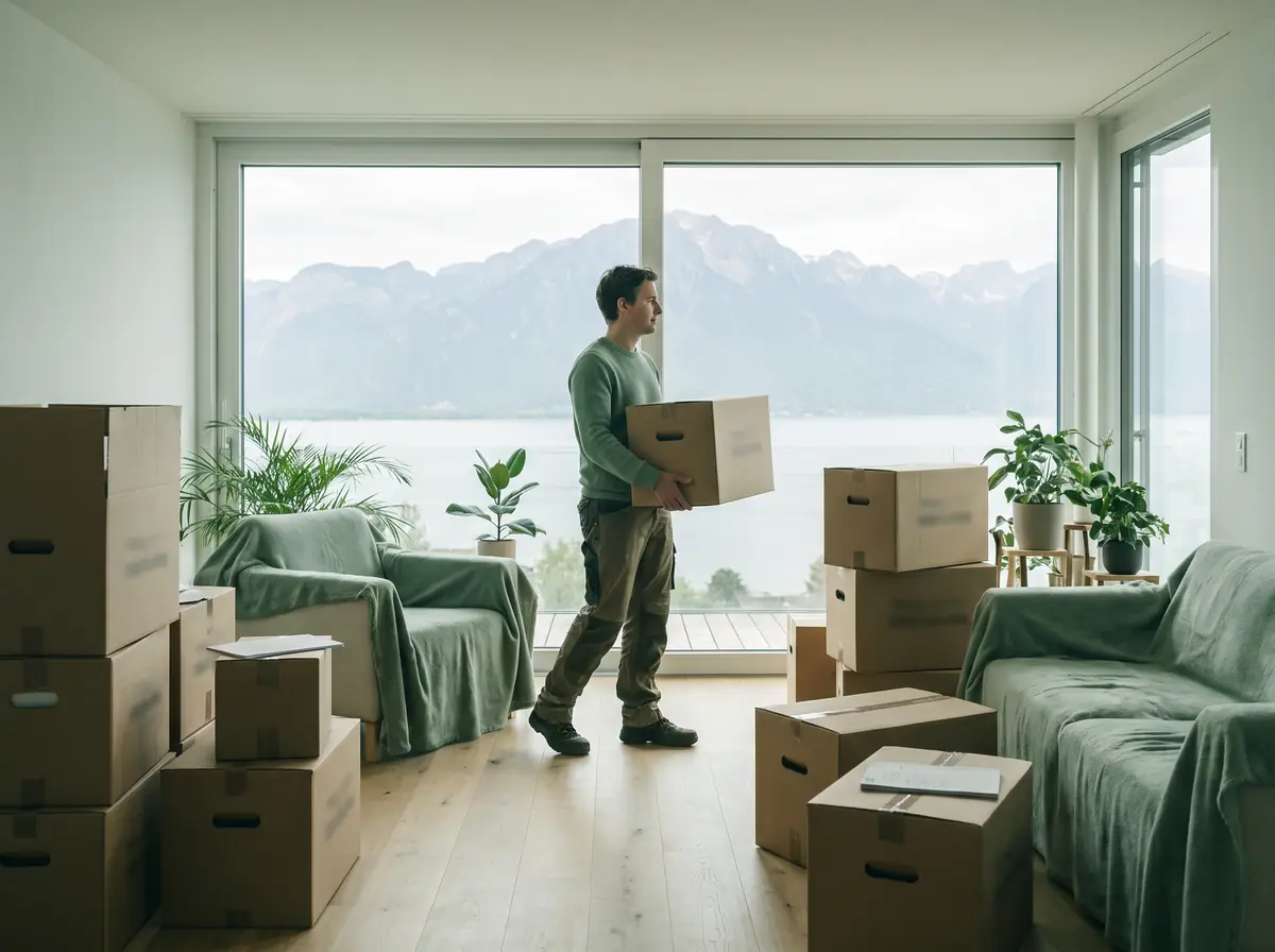 Personne portant un carton de déménagement dans un appartement vide avec vue sur un lac et les montagnes
