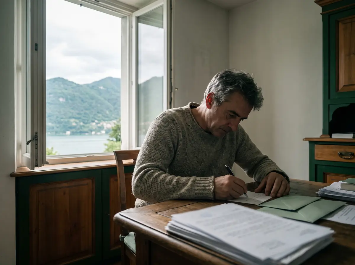 Uomo scrive la lettera di disdetta della cassa malati alla scrivania, con vista sul lago di Lugano