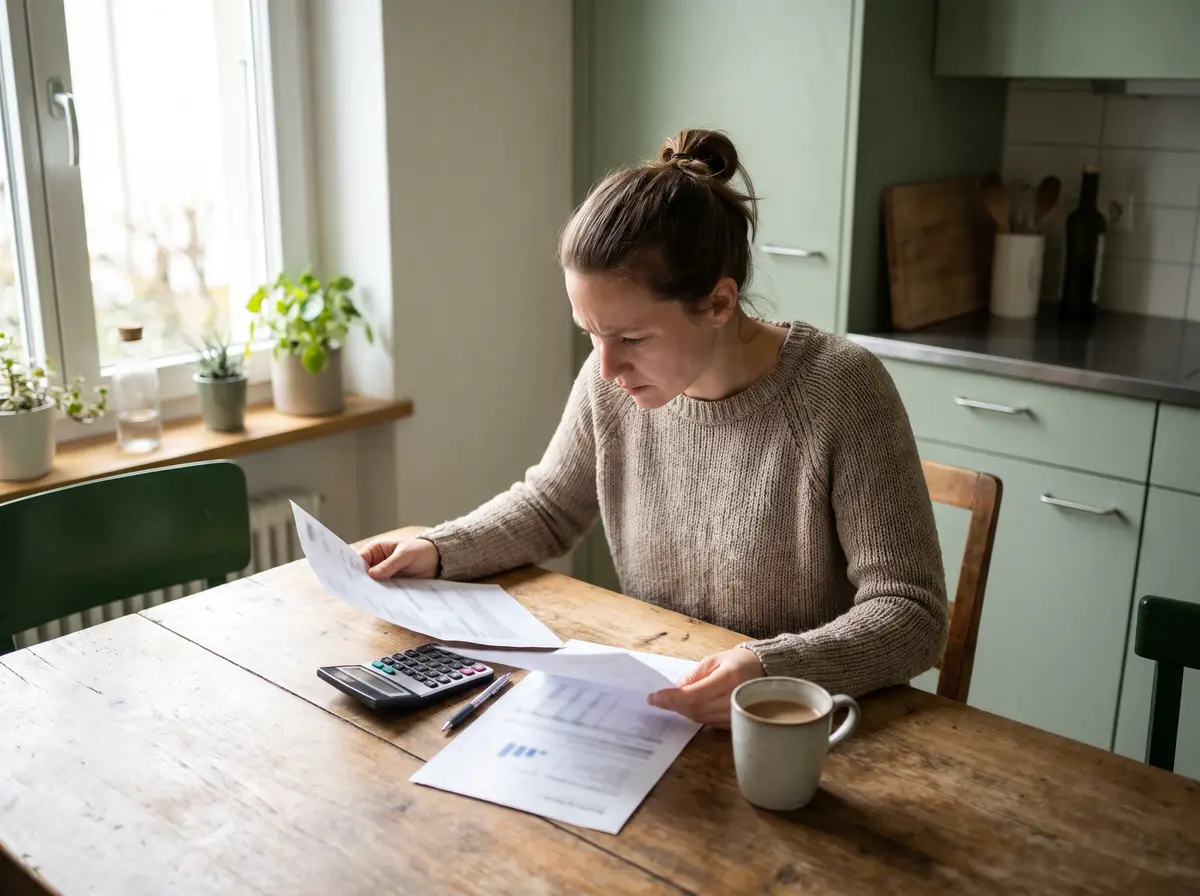 Femme comparant deux courriers d’assurance maladie à la table de sa cuisine, une calculatrice à côté