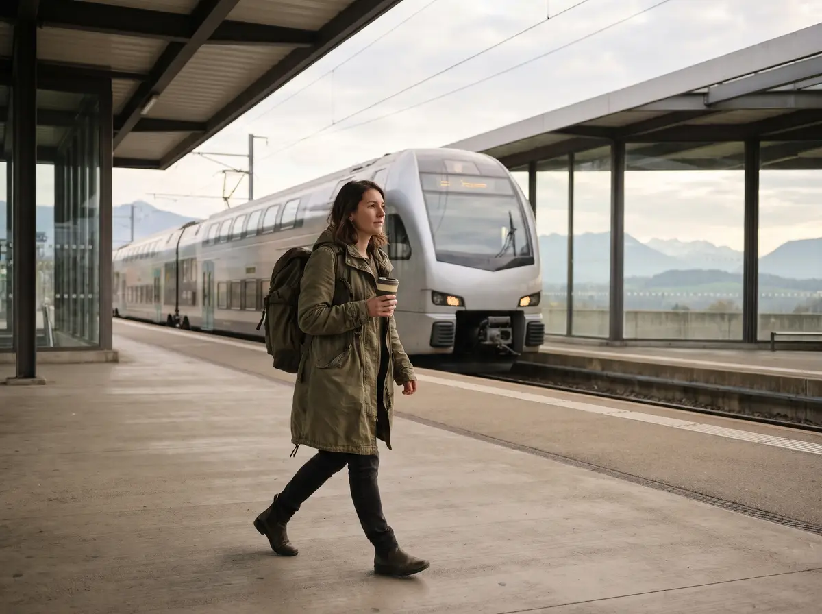 Frontalière avec sac à dos et café marchant sur un quai de gare régionale, un train à quai et les montagnes au loin