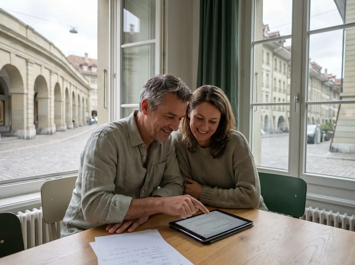 Paar in einer Berner Altstadtwohnung vergleicht Krankenkassen auf einem Tablet