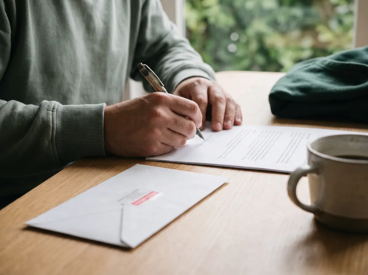 Personne qui signe une lettre de résiliation d’assurance maladie à son bureau, l’enveloppe du recommandé posée à côté