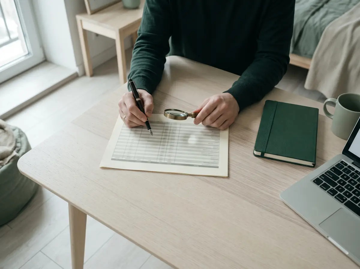 Hände prüfen mit der Lupe eine gedruckte Tabelle mit Krankenkassenprämien, neben einem Laptop