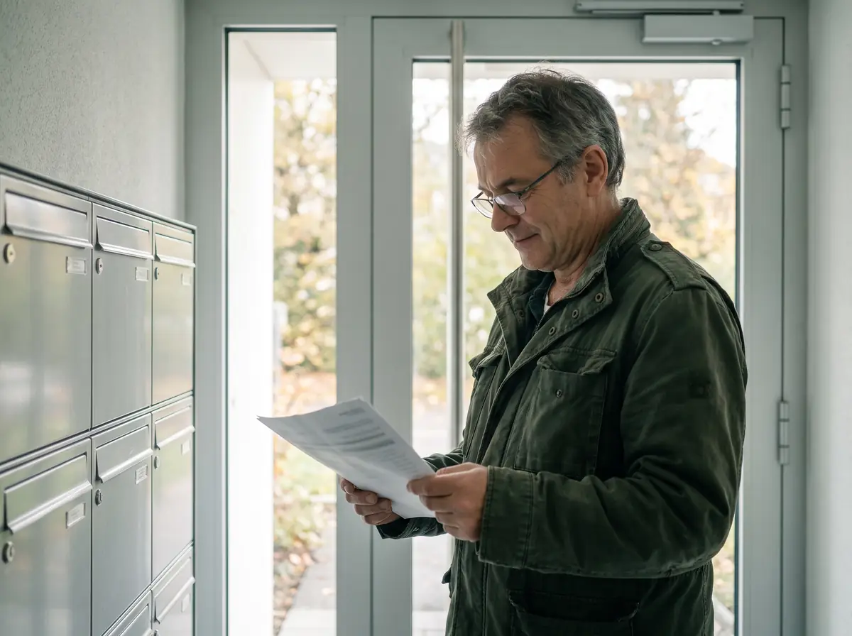 Homme lisant le courrier de sa nouvelle prime d’assurance maladie 2027 dans le hall de son immeuble