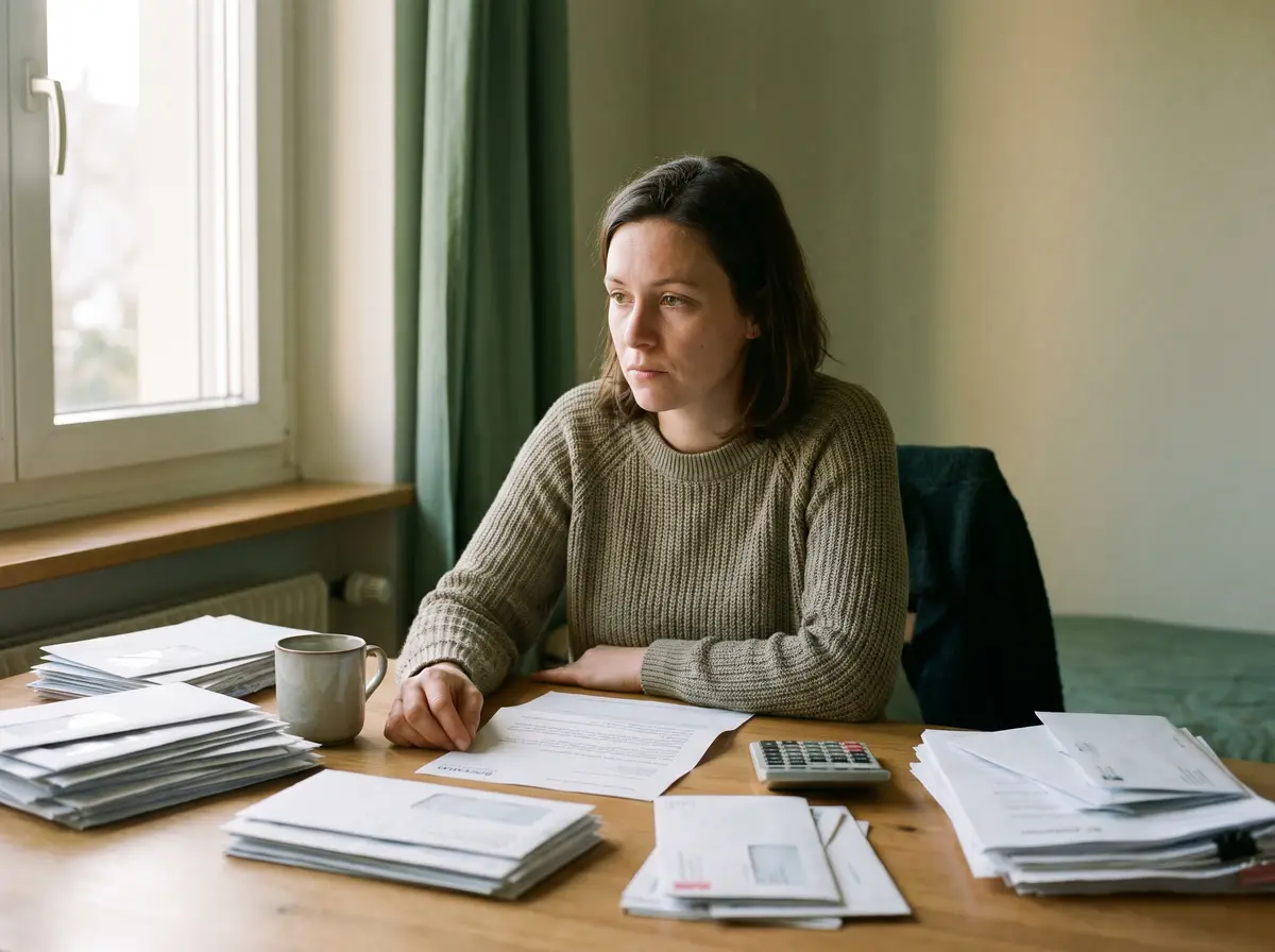 Femme assise à son bureau qui trie des factures et une lettre de rappel de sa caisse maladie, une calculatrice à côté
