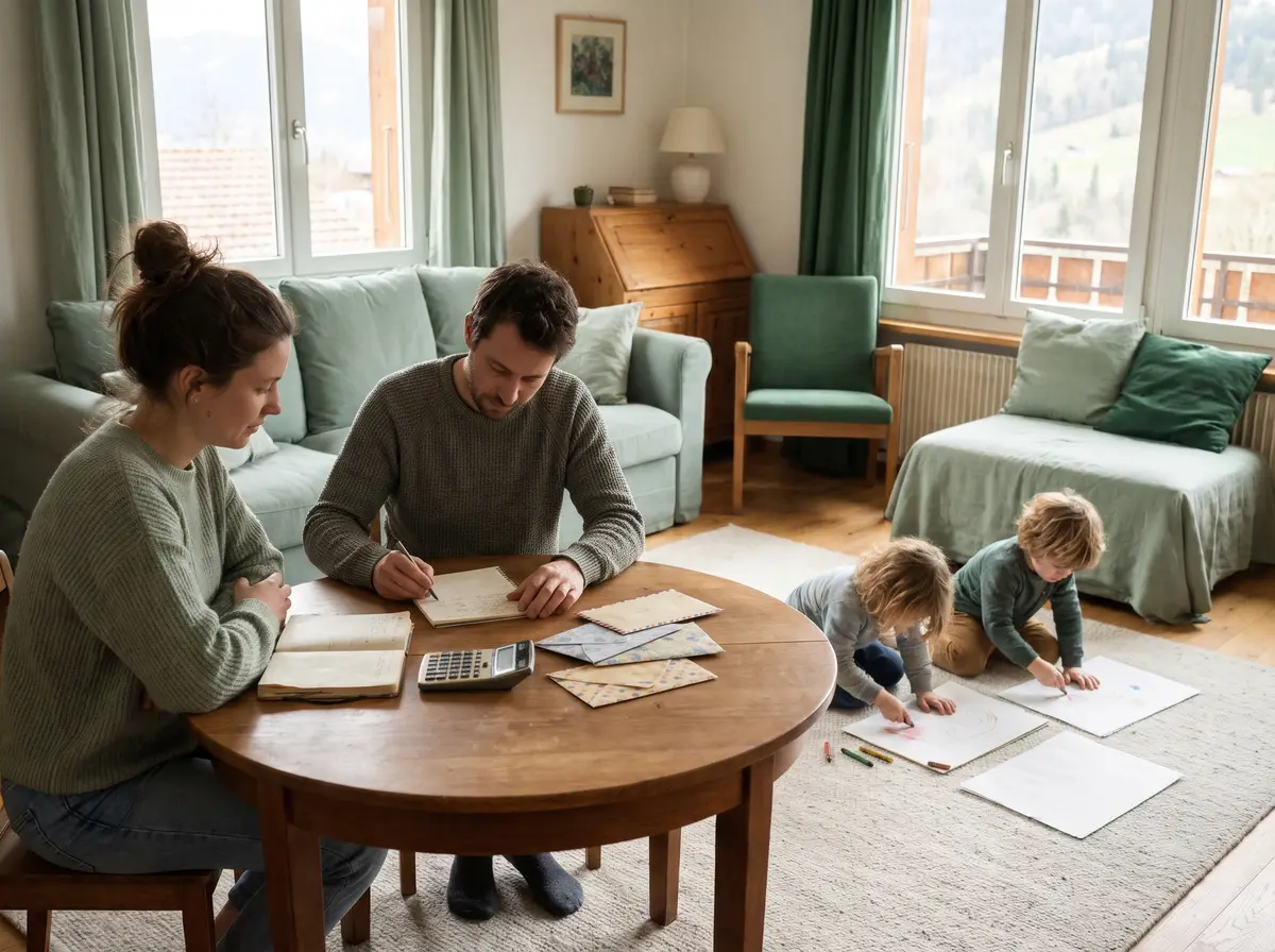Famille romande attablée dans son salon qui fait le budget du mois, des factures de primes d’assurance maladie et un carnet de comptes devant elle