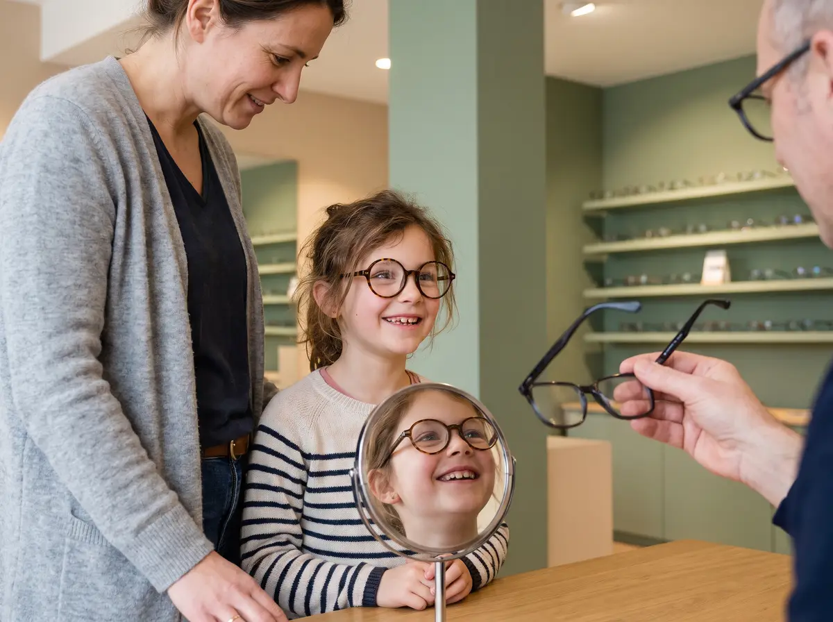 Fillette essayant des lunettes rondes devant le miroir d’un opticien, sa mère à côté d’elle et l’opticien tendant une autre monture