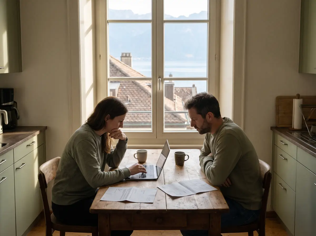 Couple à Lausanne remplissant en ligne une demande de subside d’assurance maladie, la police d’assurance posée sur la table
