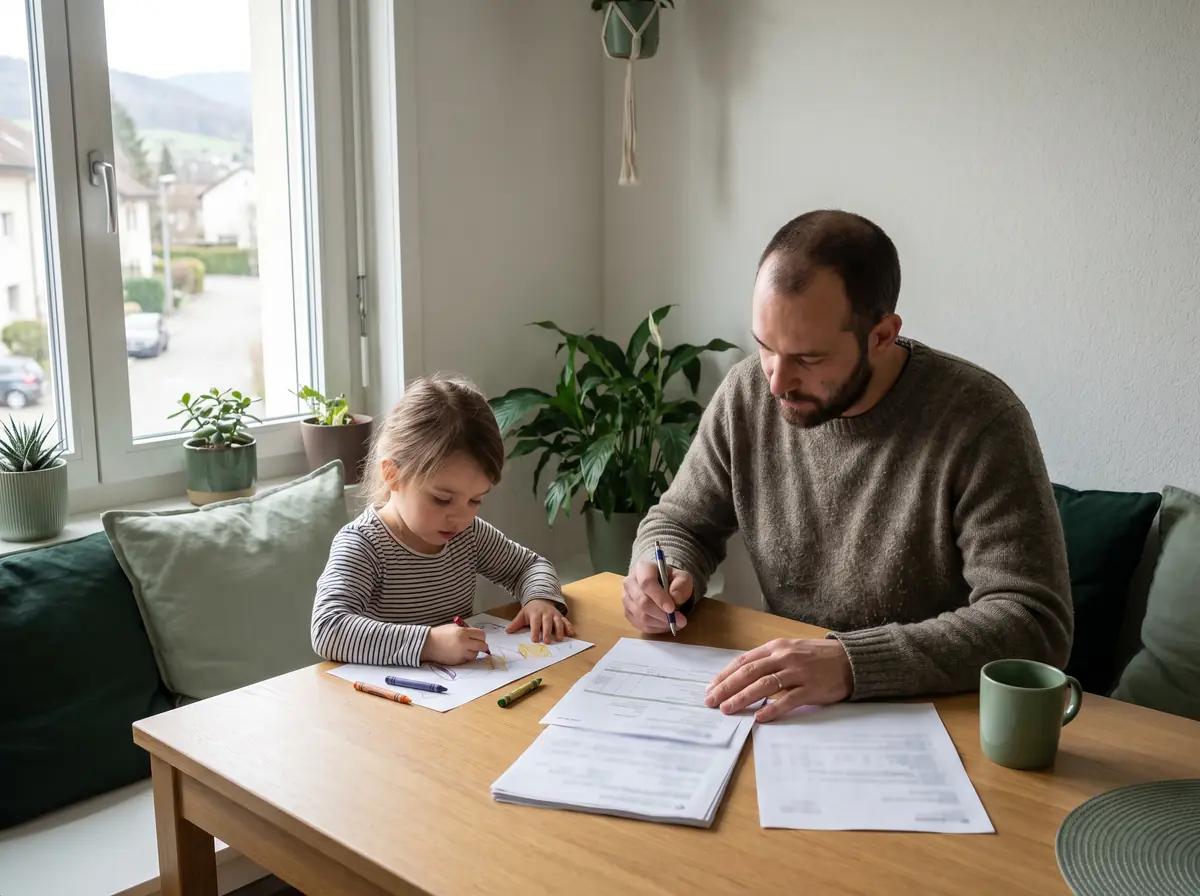 Père remplissant une demande de subside d’assurance maladie à la table du salon pendant que sa fille dessine